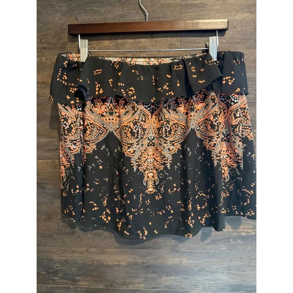Intimately Free People Off The Shoulder Ruffle Paisley Top Black Orange Large